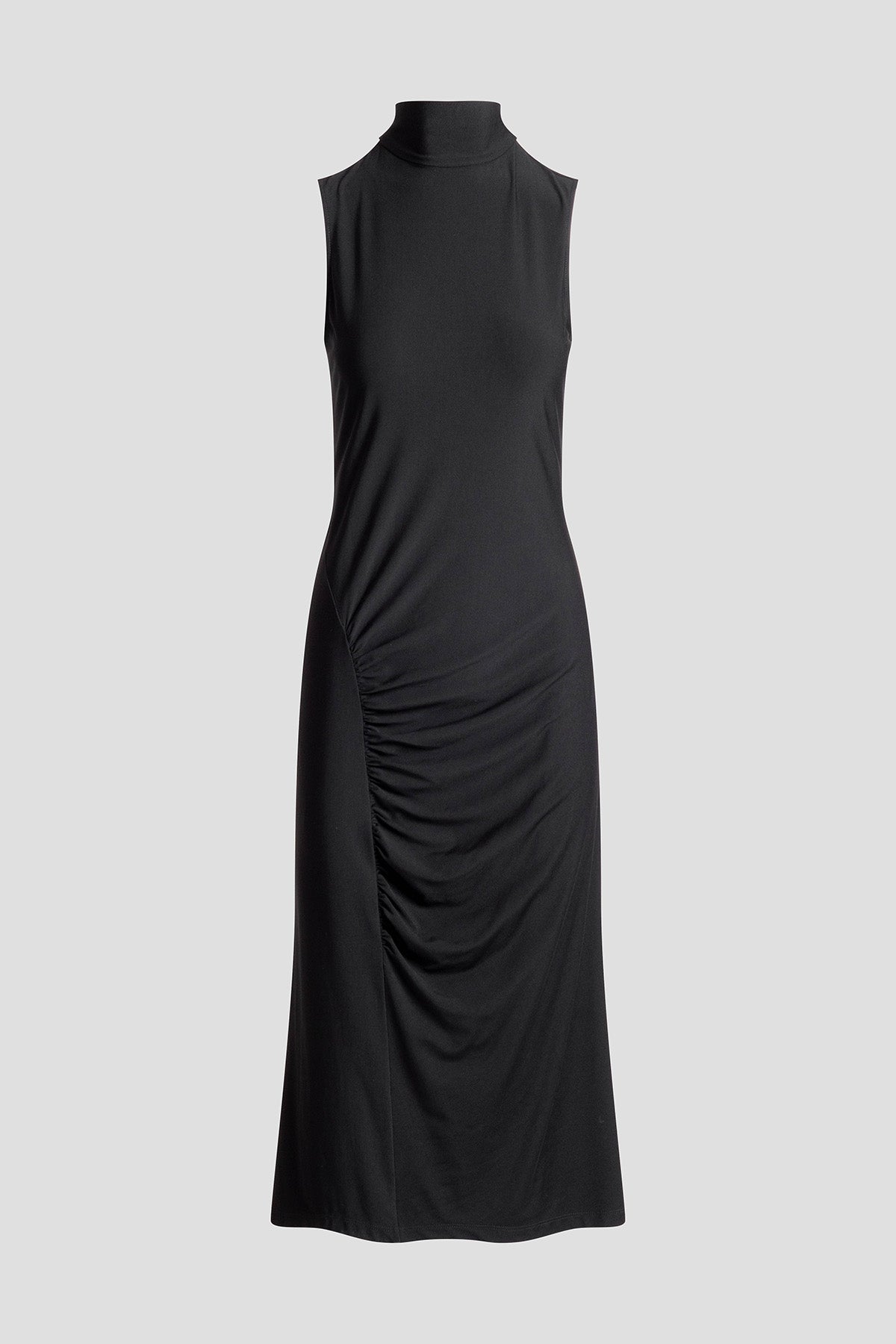 Crepe Knit Mock Neck Ruched Dress Black