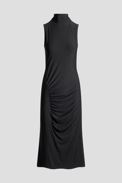 Crepe Knit Mock Neck Ruched Dress Black