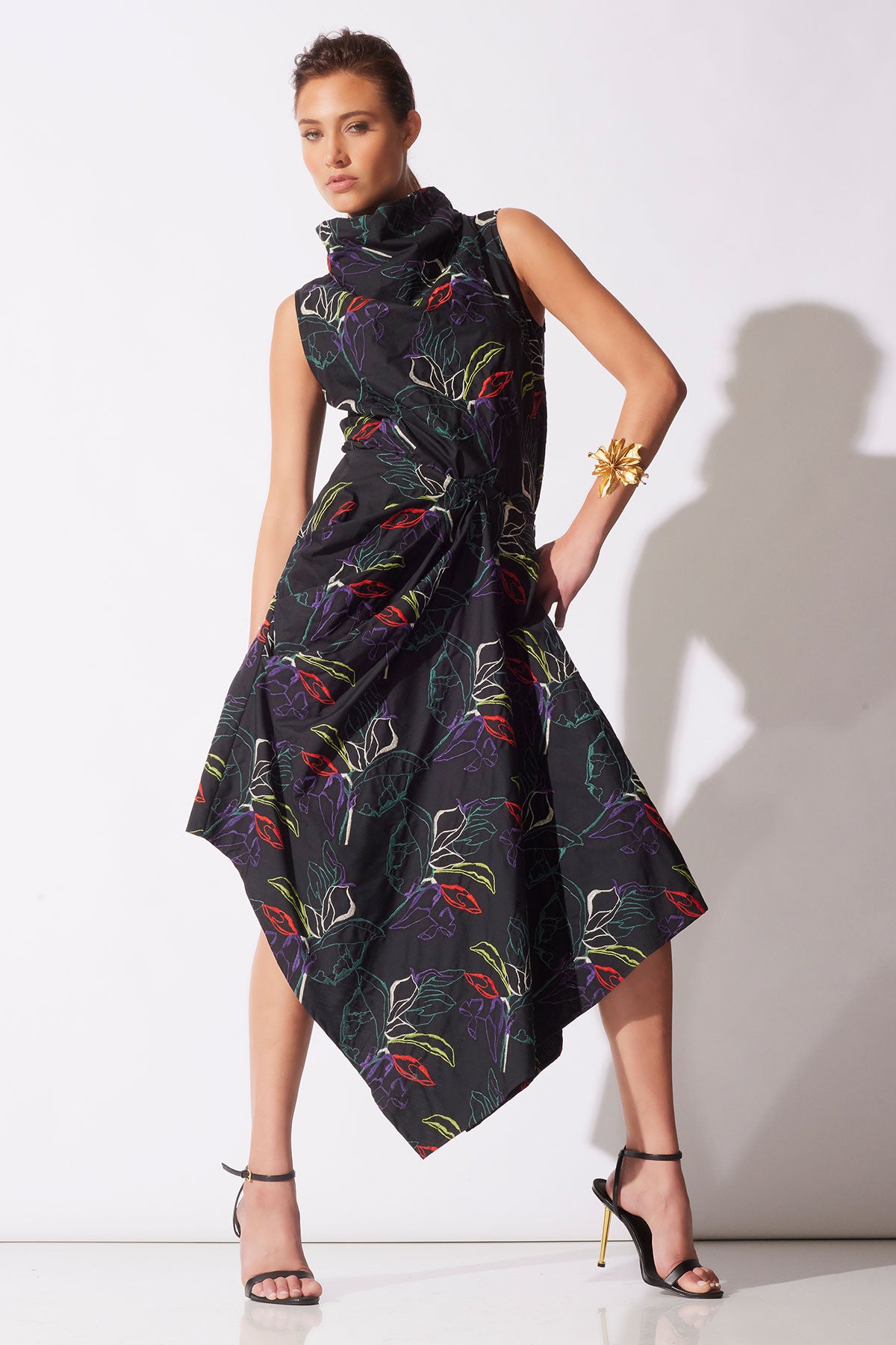 Yoru Embroidered Cotton Poplin Origami Asymmetric Skirt Black Deep Orchid