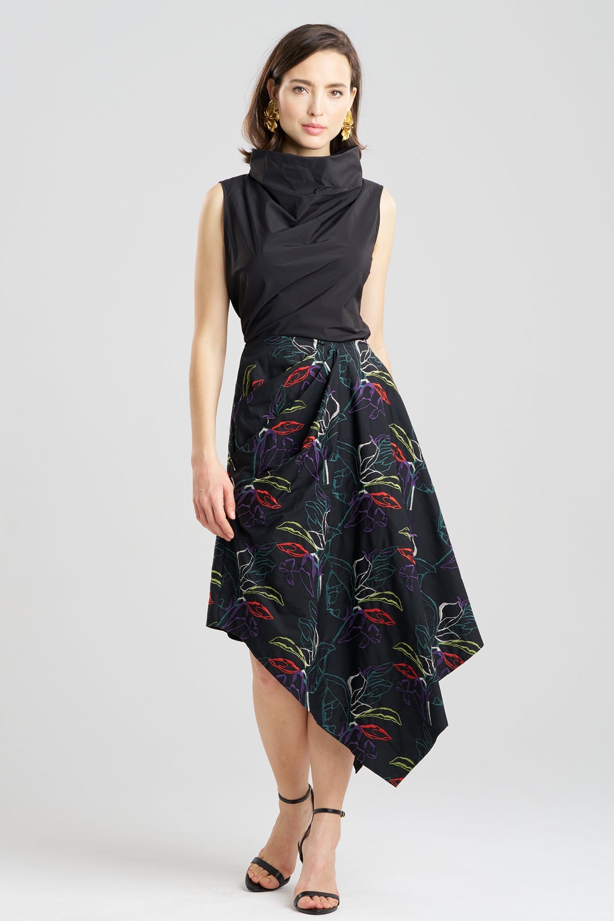 Yoru Embroidered Cotton Poplin Origami Asymmetric Skirt Black Deep Orchid