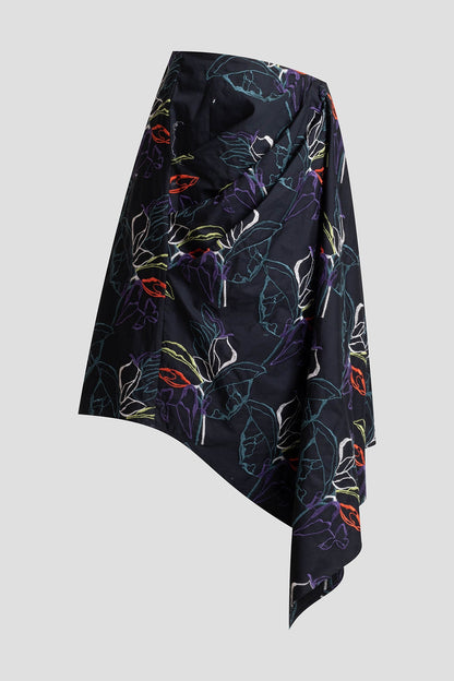 Yoru Embroidered Cotton Poplin Origami Asymmetric Skirt Black Deep Orchid