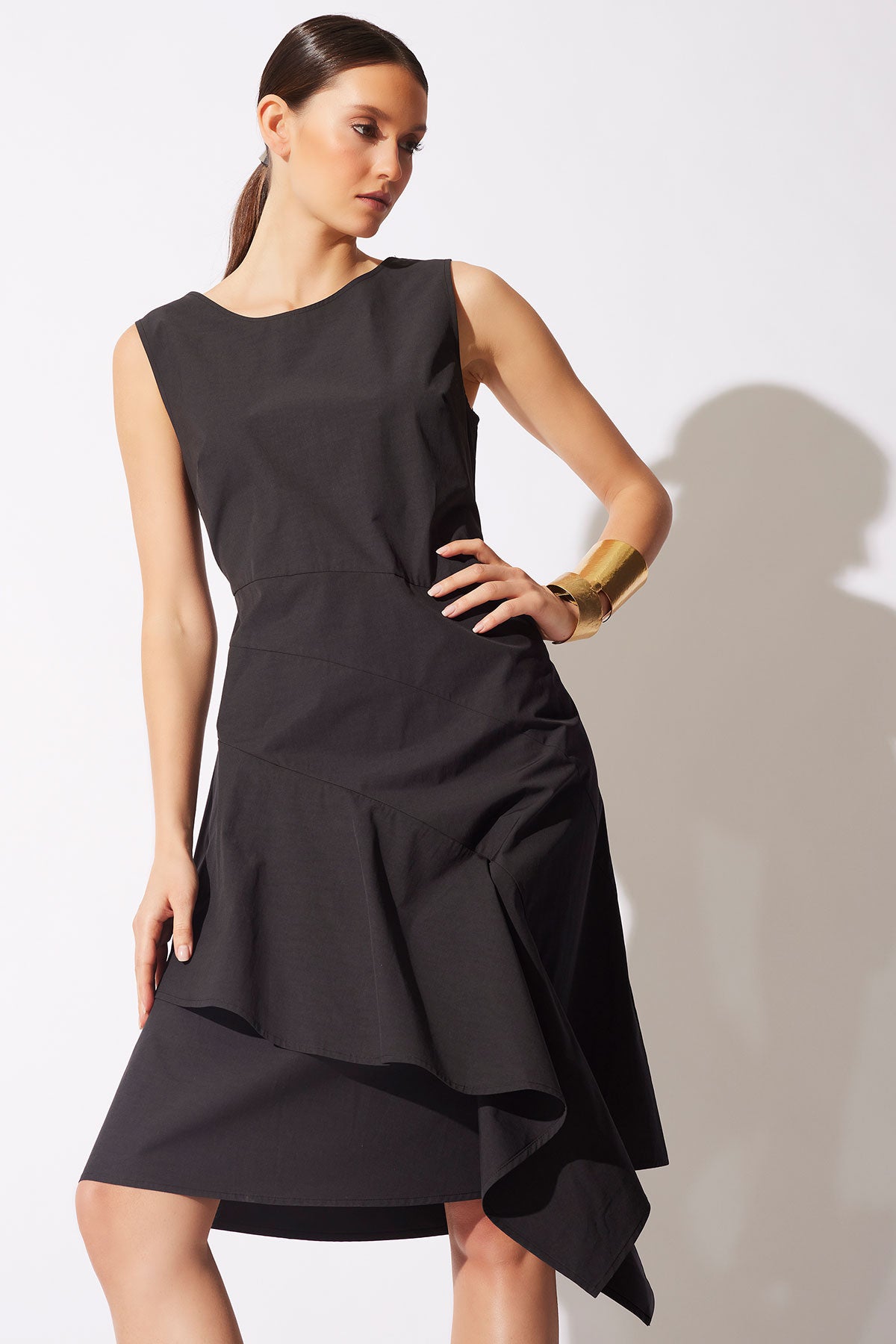 Tech Cotton Taffeta Asymmetric Origami Dress Black
