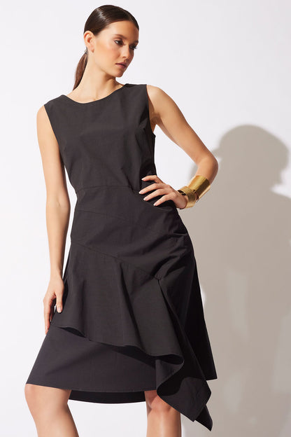 Tech Cotton Taffeta Asymmetric Origami Dress Black