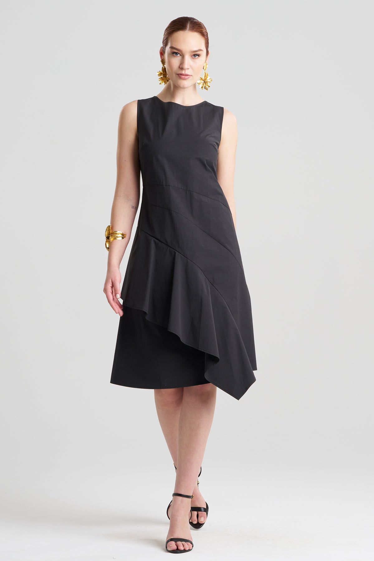 Tech Cotton Taffeta Asymmetric Origami Dress Black