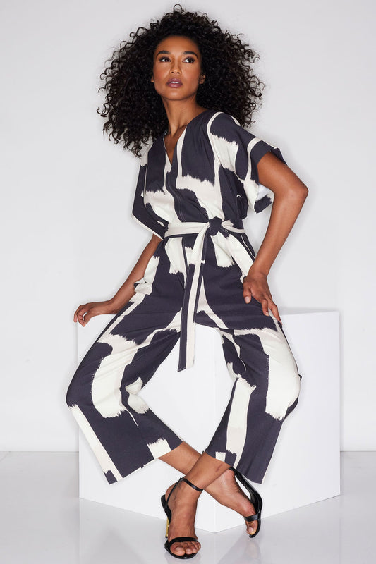 Painted Block Woven V-Neck Jumpsuit Natural/Black
