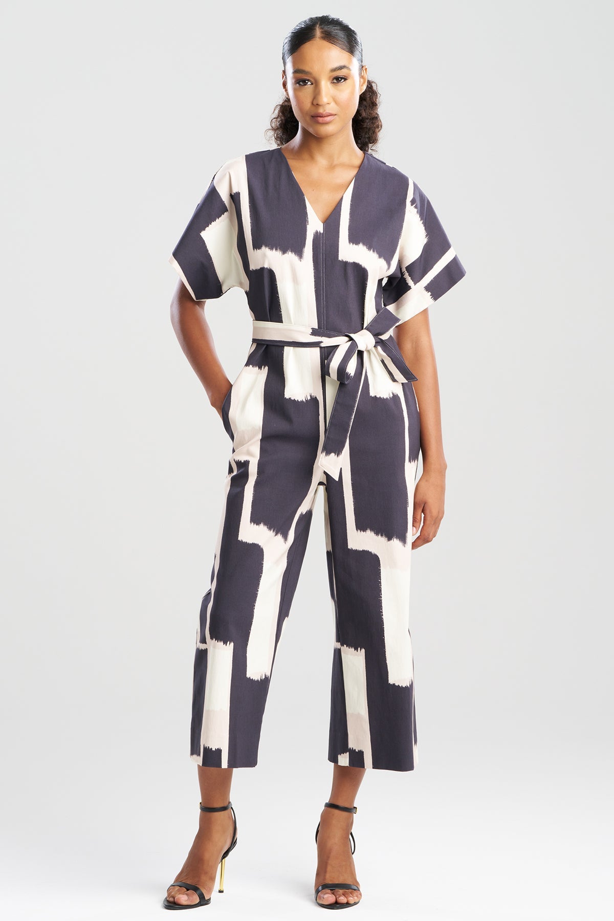 Painted Block Woven V-Neck Jumpsuit Natural/Black