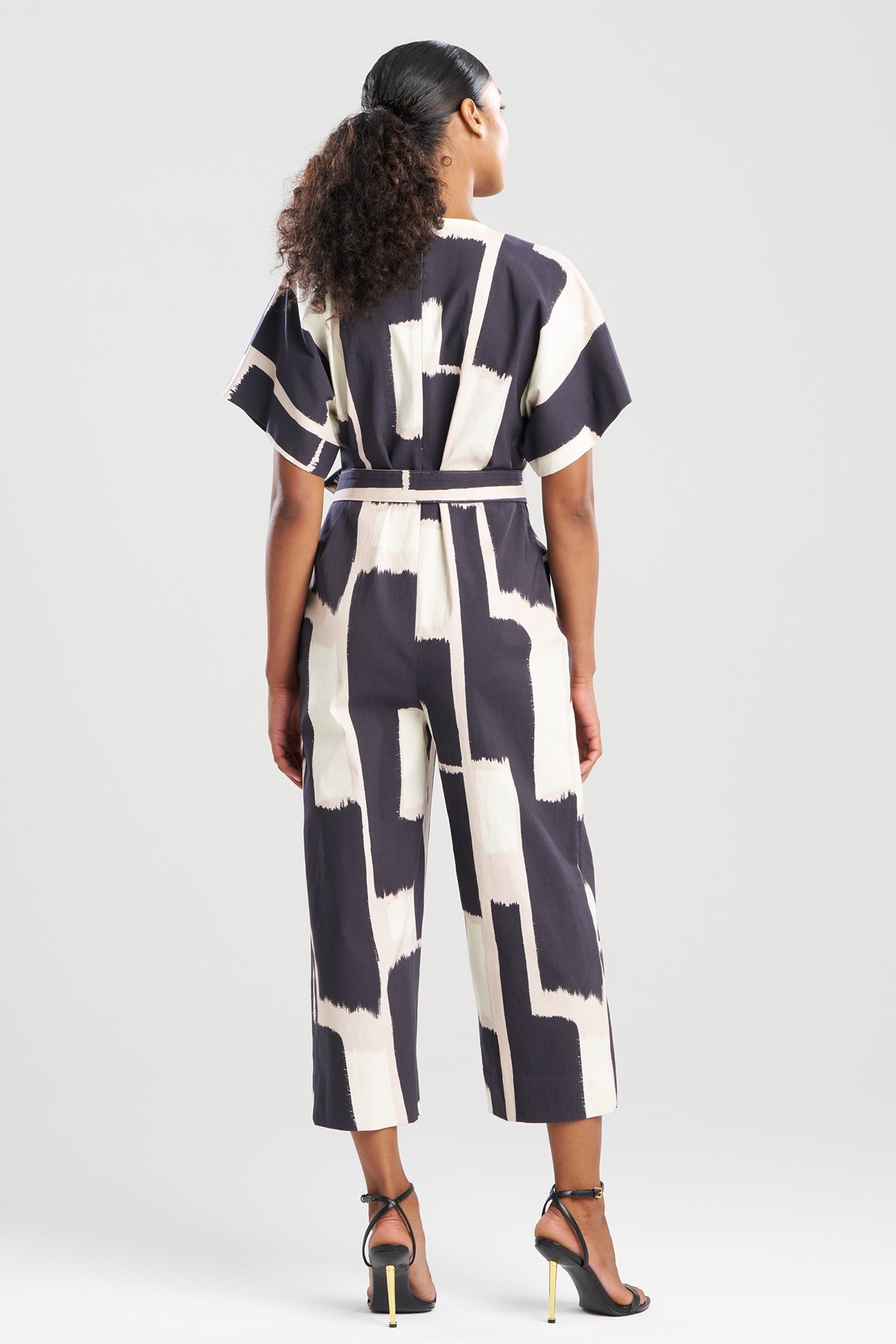 Painted Block Woven V-Neck Jumpsuit Natural/Black
