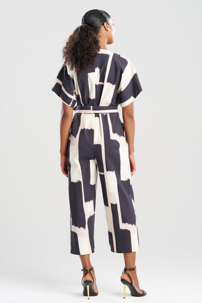 Painted Block Woven V-Neck Jumpsuit Natural/Black