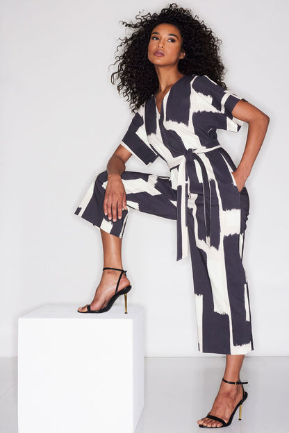 Painted Block Woven V-Neck Jumpsuit Natural/Black