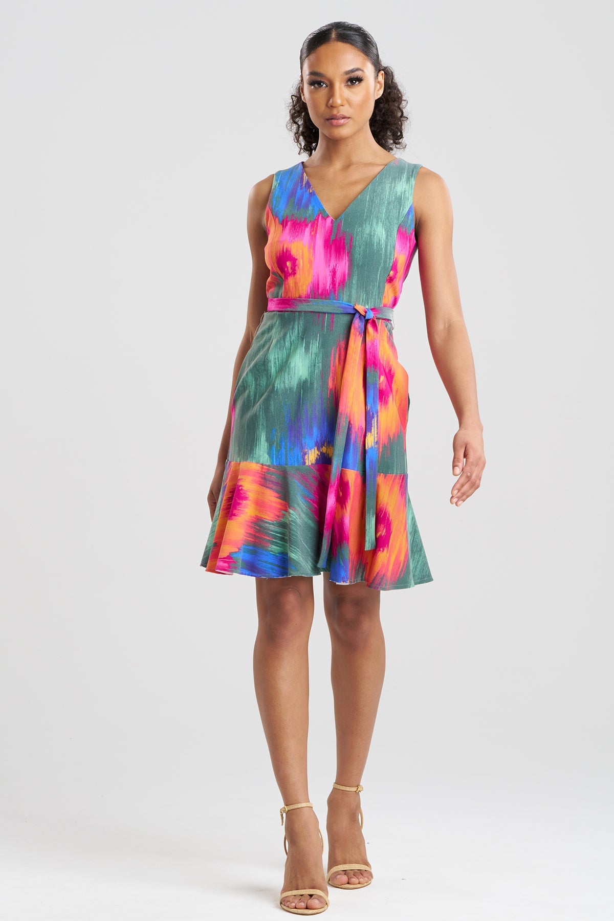 Multi Floral Belted Ruffle Dress Multi