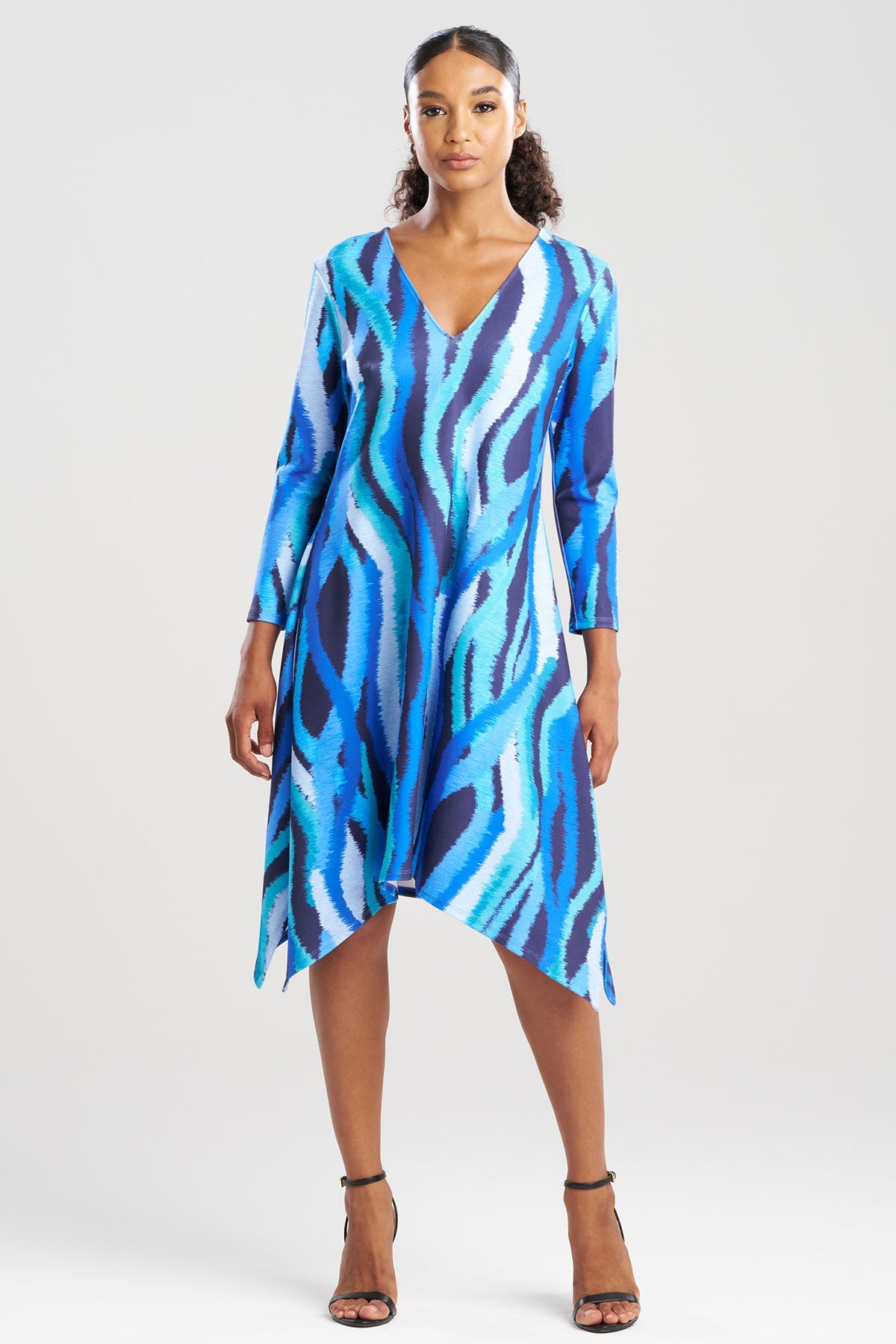 Jagged Swirl Knit Crepe Long Sleeve V-Neck Dress Blue