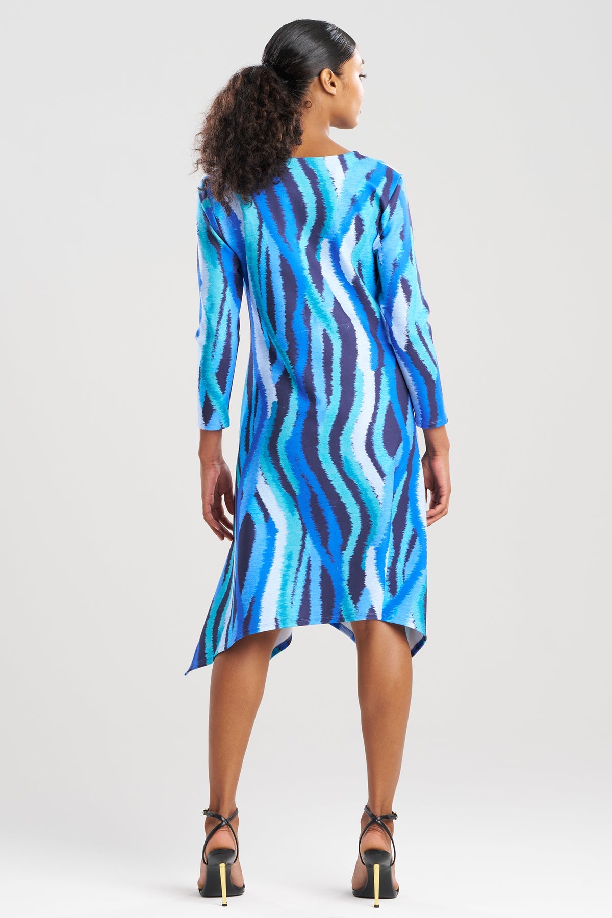 Jagged Swirl Knit Crepe Long Sleeve V-Neck Dress Blue