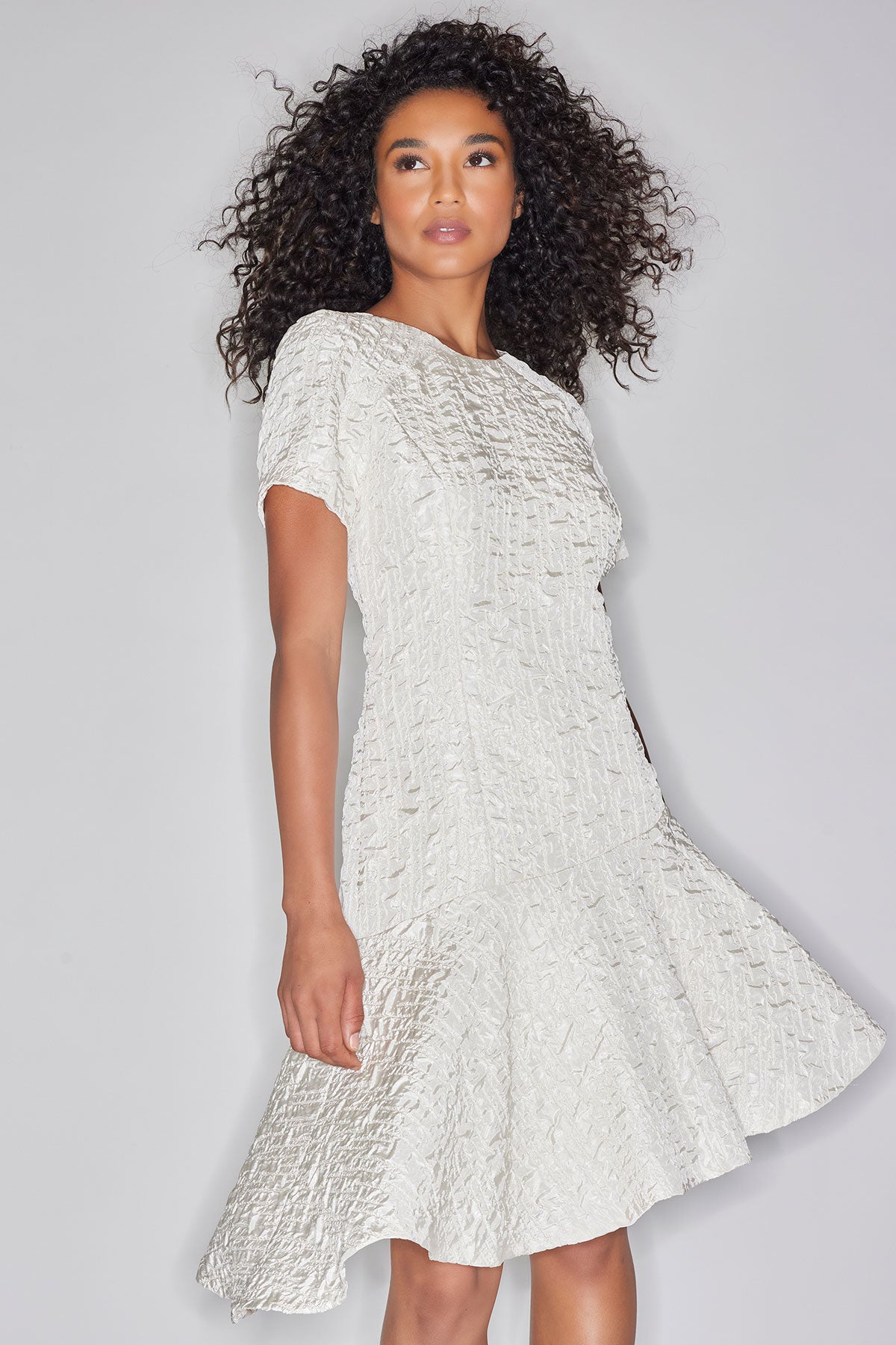 Pebbled Jacquard Short Sleeve Flounce Dress Sandstone