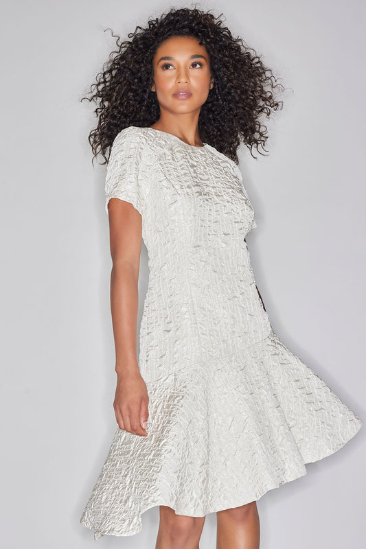 Pebbled Jacquard Short Sleeve Flounce Dress Sandstone