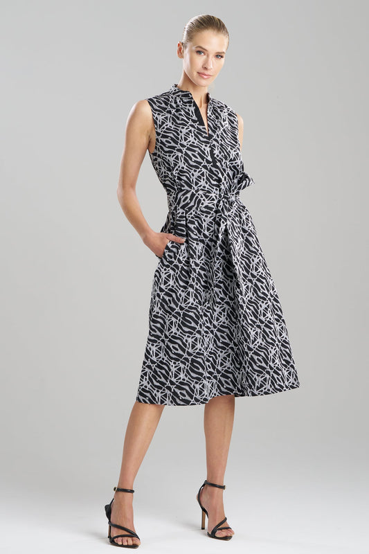 Geo Embroidered Cotton Poplin Mandarin Dress Black/White