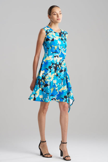 Bright Floral Side Drape Dress Blue
