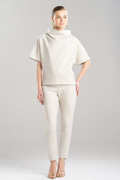 Techno Crepe Funnel Neck High Low Top Pearl
