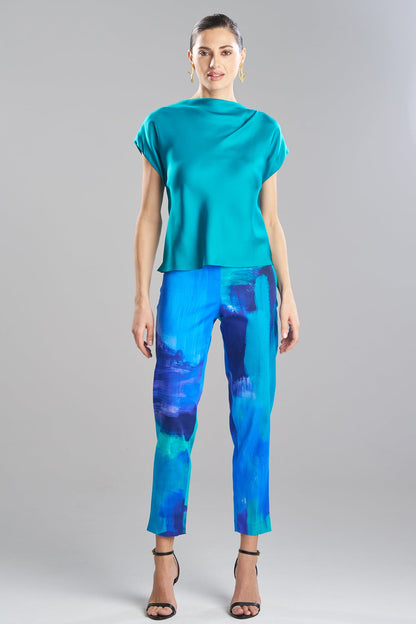 Solid Silk Twill Drape Neck Cap Sleeve Top Rich Turquoise