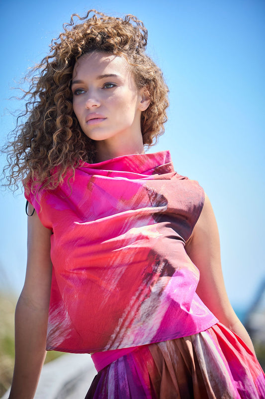 Brushstroke Cotton Taffeta Asymmetric Funnel Neck Top Magenta
