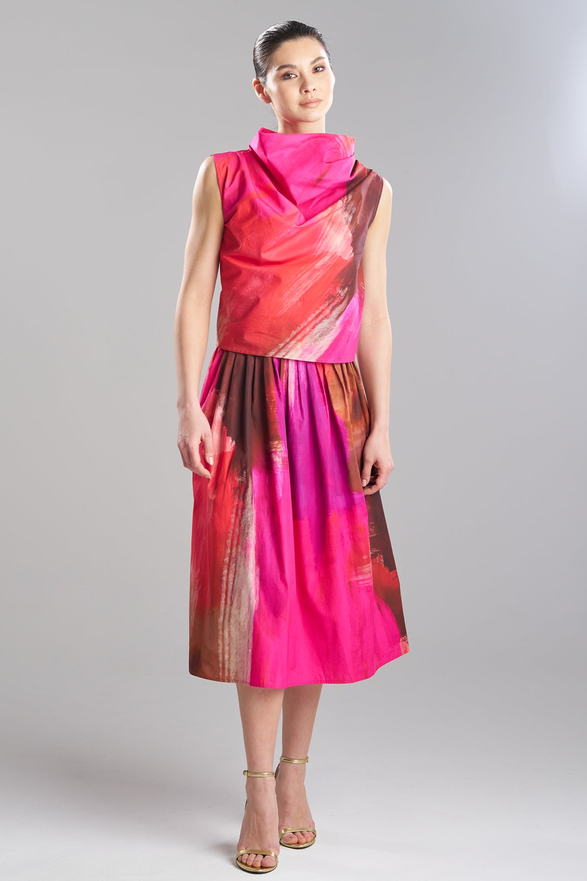 Brushstroke Cotton Taffeta Asymmetric Funnel Neck Top Magenta