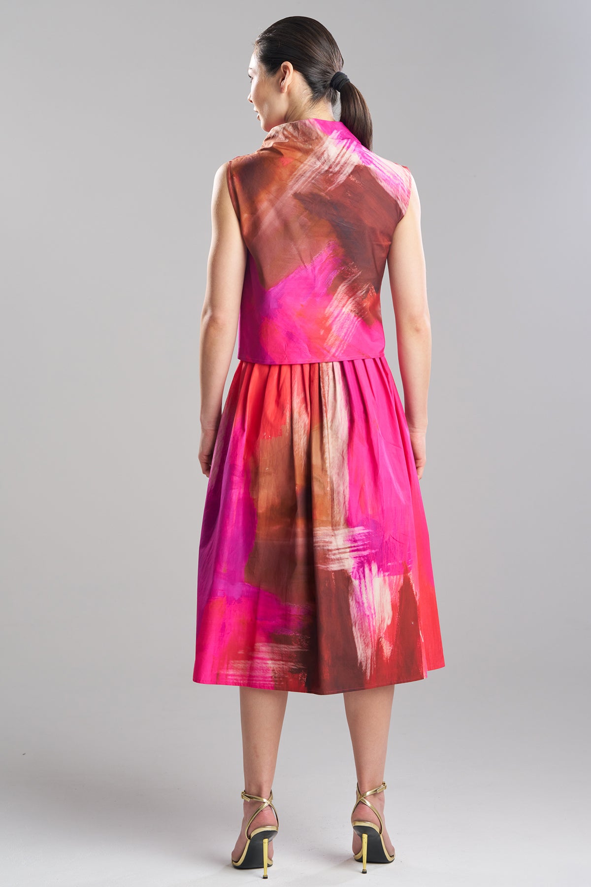 Brushstroke Cotton Taffeta Asymmetric Funnel Neck Top Magenta