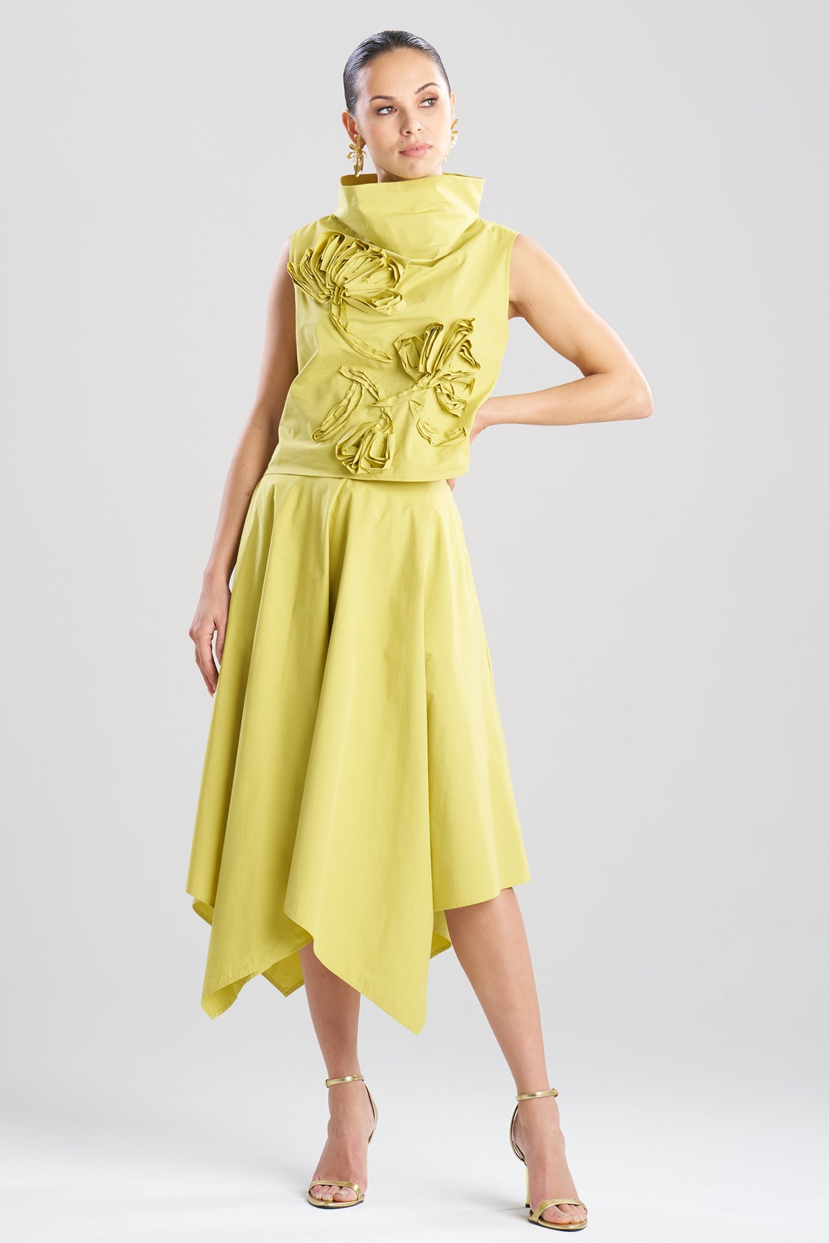 Tech Cotton Taffeta Embroidered Funnel Neck Top Chartreuse