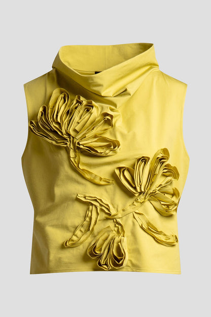 Tech Cotton Taffeta Embroidered Funnel Neck Top Chartreuse