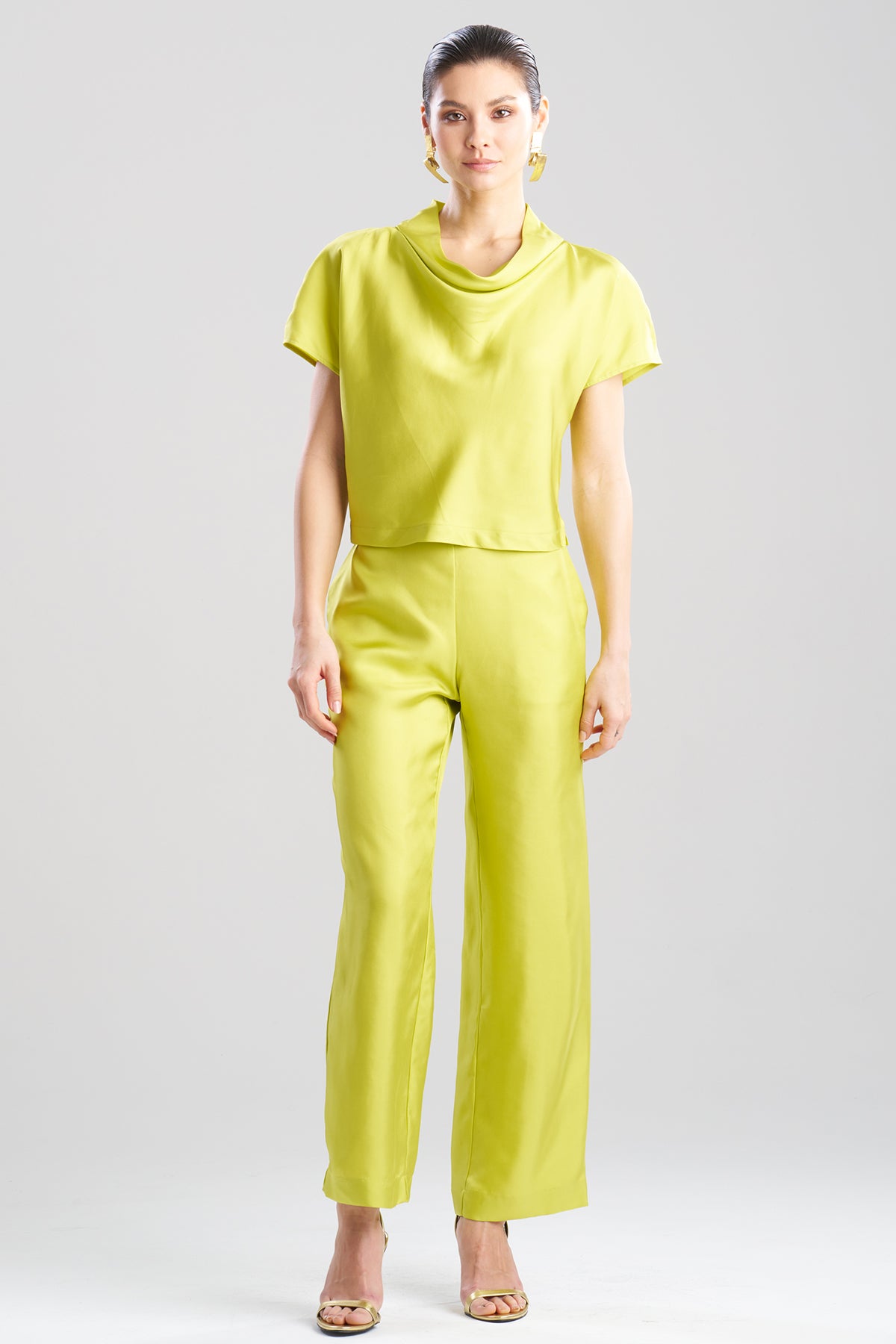 Solid Silk Twill Cowl Neck Top Chartreuse
