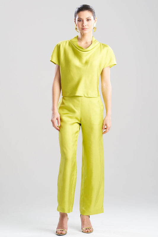 Solid Silk Twill Cowl Neck Top Chartreuse