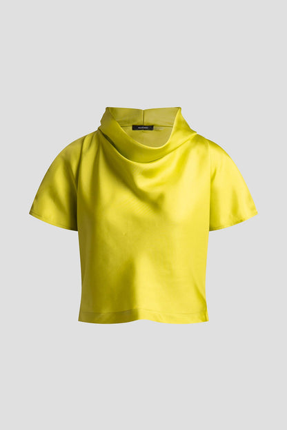 Solid Silk Twill Cowl Neck Top Chartreuse