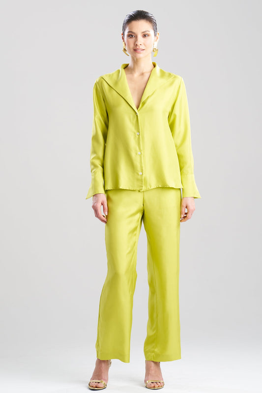 Solid Silk Twill Button Down Trapeze Shirt Chartreuse