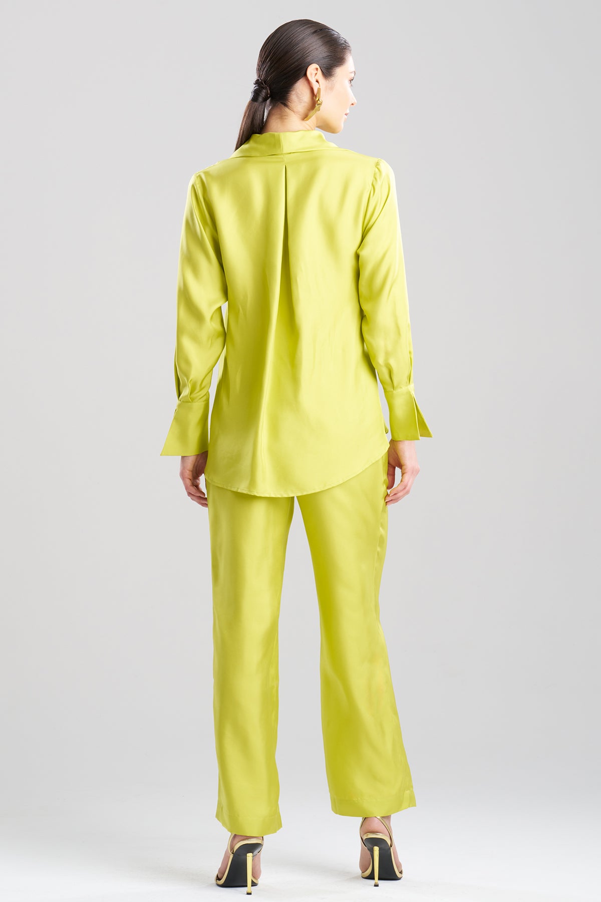 Solid Silk Twill Button Down Trapeze Shirt Chartreuse