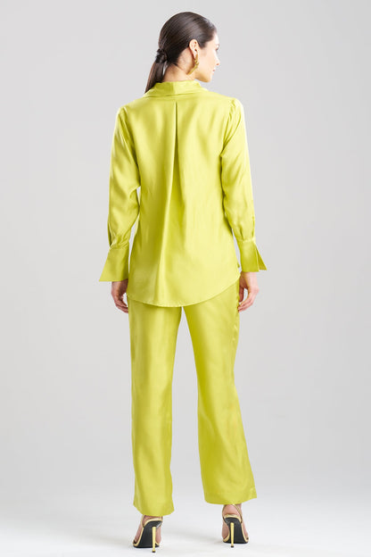 Solid Silk Twill Button Down Trapeze Shirt Chartreuse