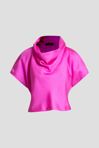 Solid Silk Twill Cowl Neck Top Fresh Pink