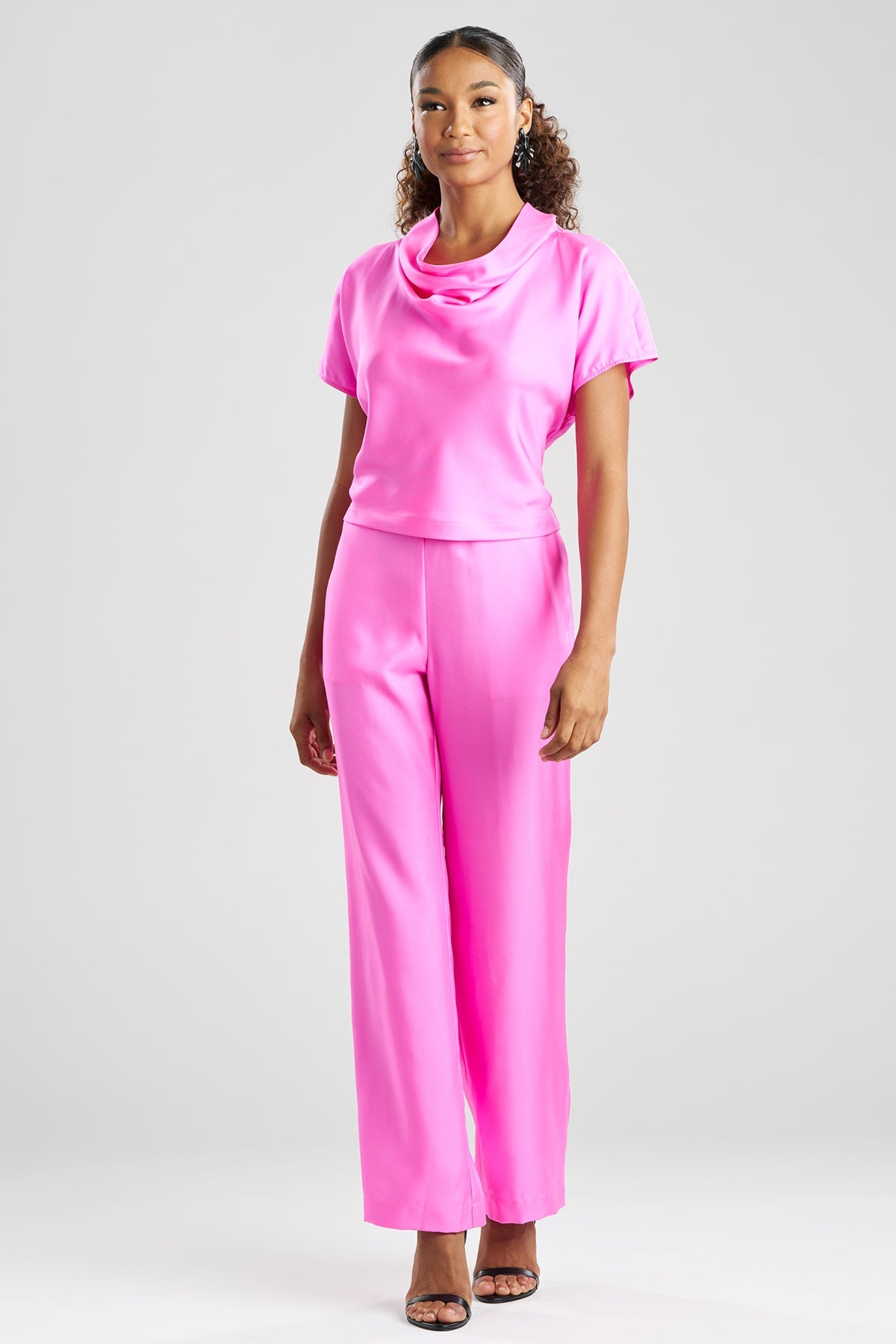 Solid Silk Twill Cowl Neck Top Fresh Pink