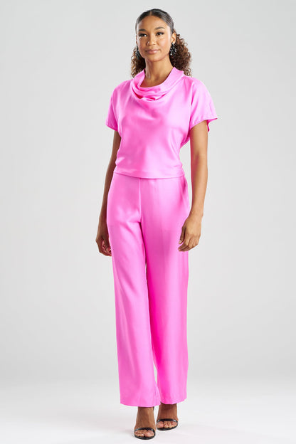 Solid Silk Twill Cowl Neck Top Fresh Pink
