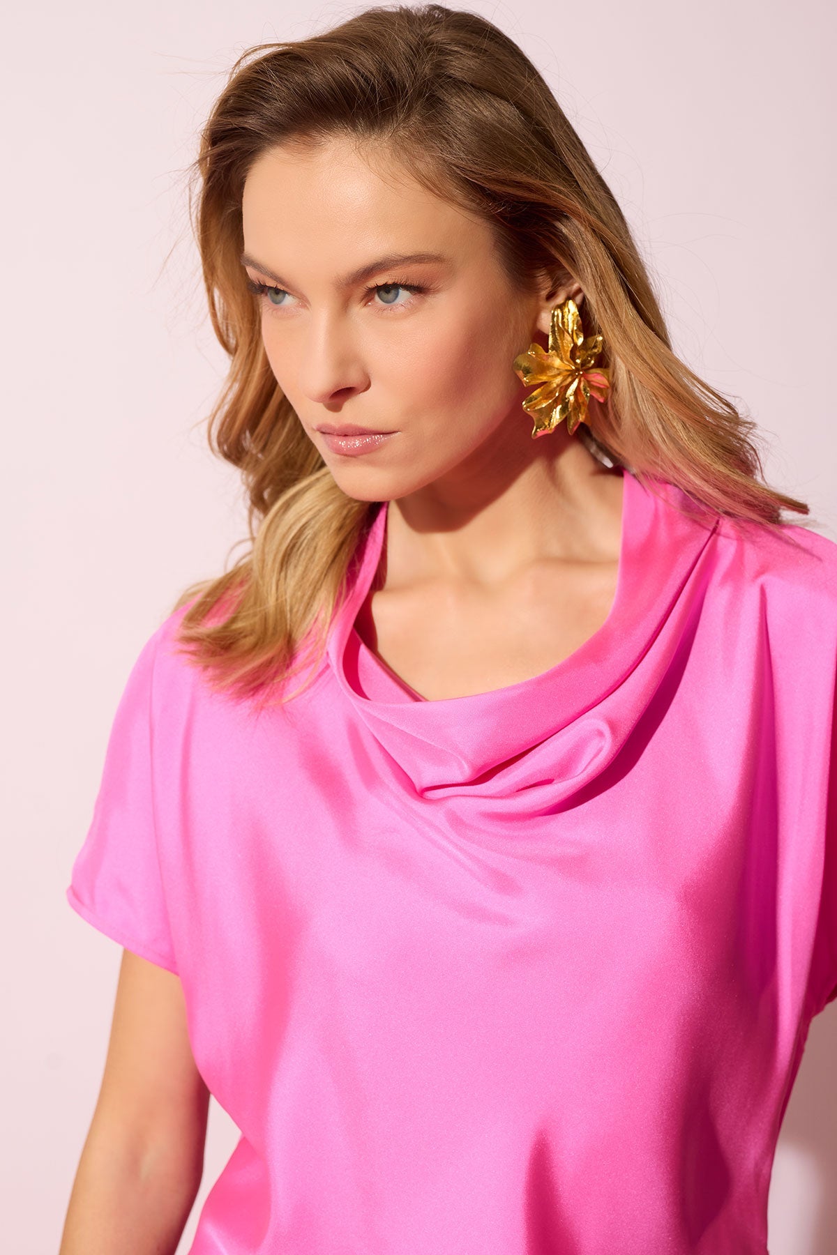 Solid Silk Twill Cowl Neck Top Fresh Pink