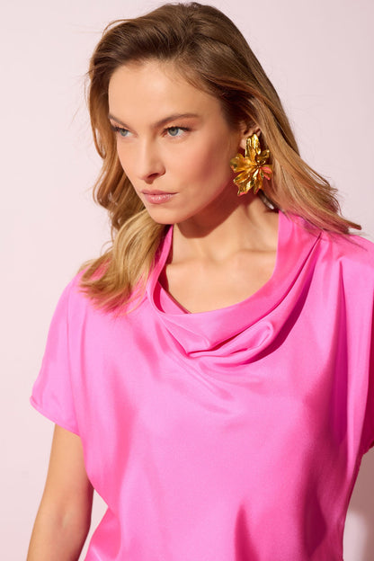 Solid Silk Twill Cowl Neck Top Fresh Pink