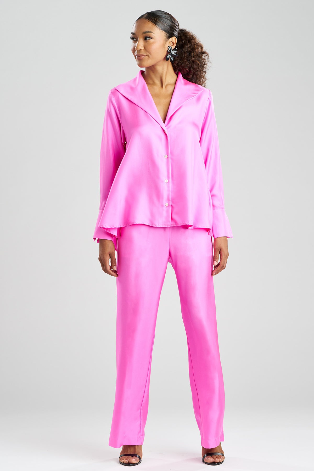 Solid Silk Twill Button Down Trapeze Shirt Fresh Pink