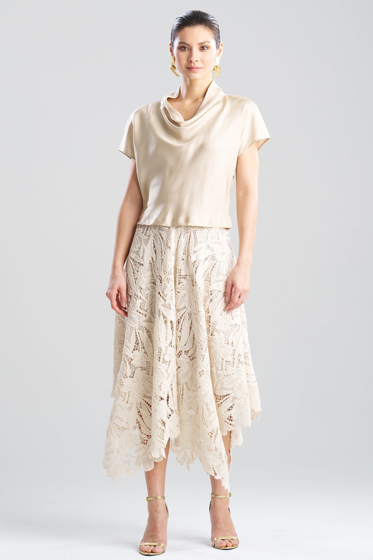 Solid Silk Twill Cowl Neck Top Bone