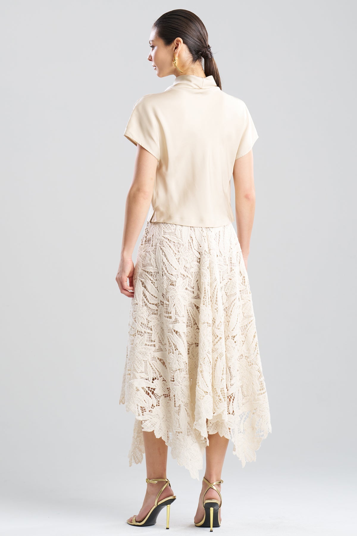 Solid Silk Twill Cowl Neck Top Bone