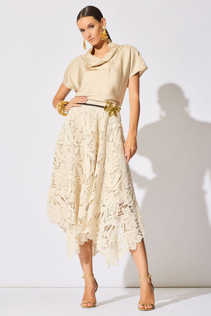 Solid Silk Twill Cowl Neck Top Bone