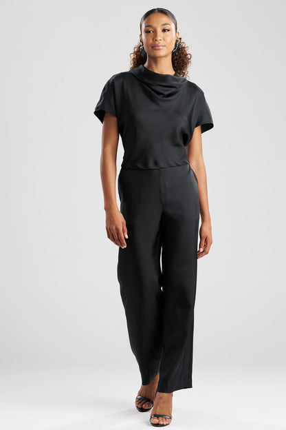 Solid Silk Twill Cowl Neck Top Black