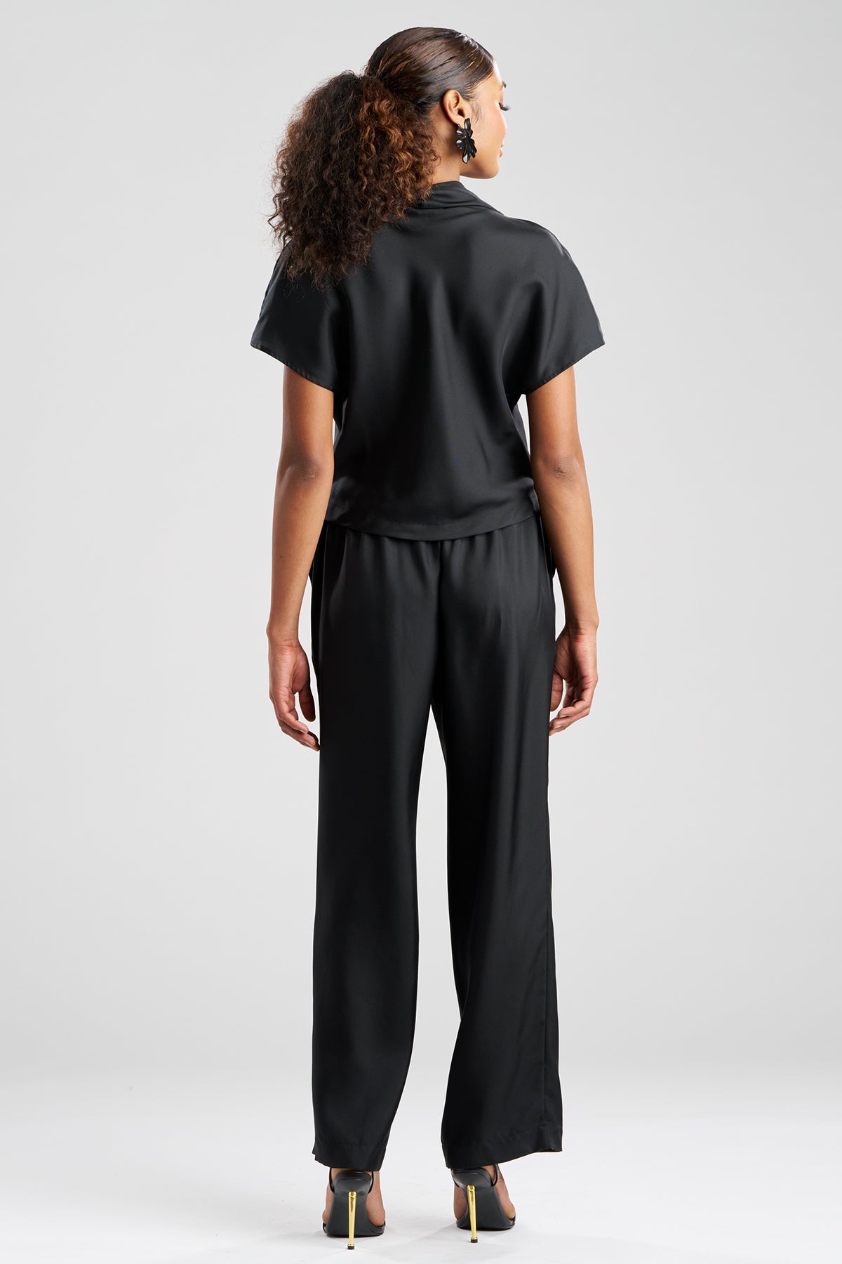 Solid Silk Twill Cowl Neck Top Black