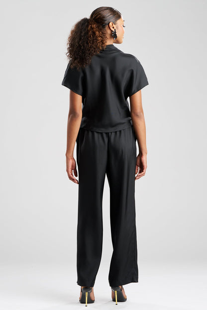 Solid Silk Twill Cowl Neck Top Black