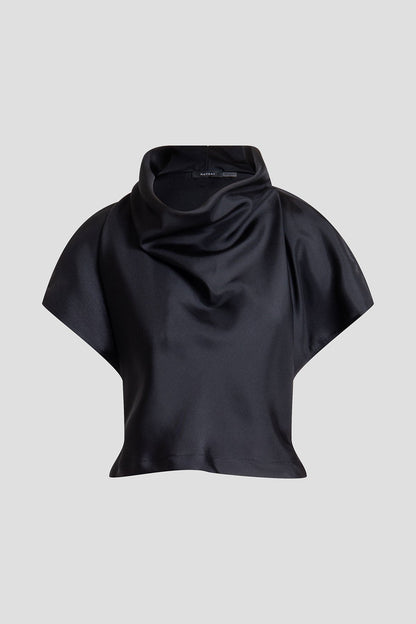 Solid Silk Twill Cowl Neck Top Black