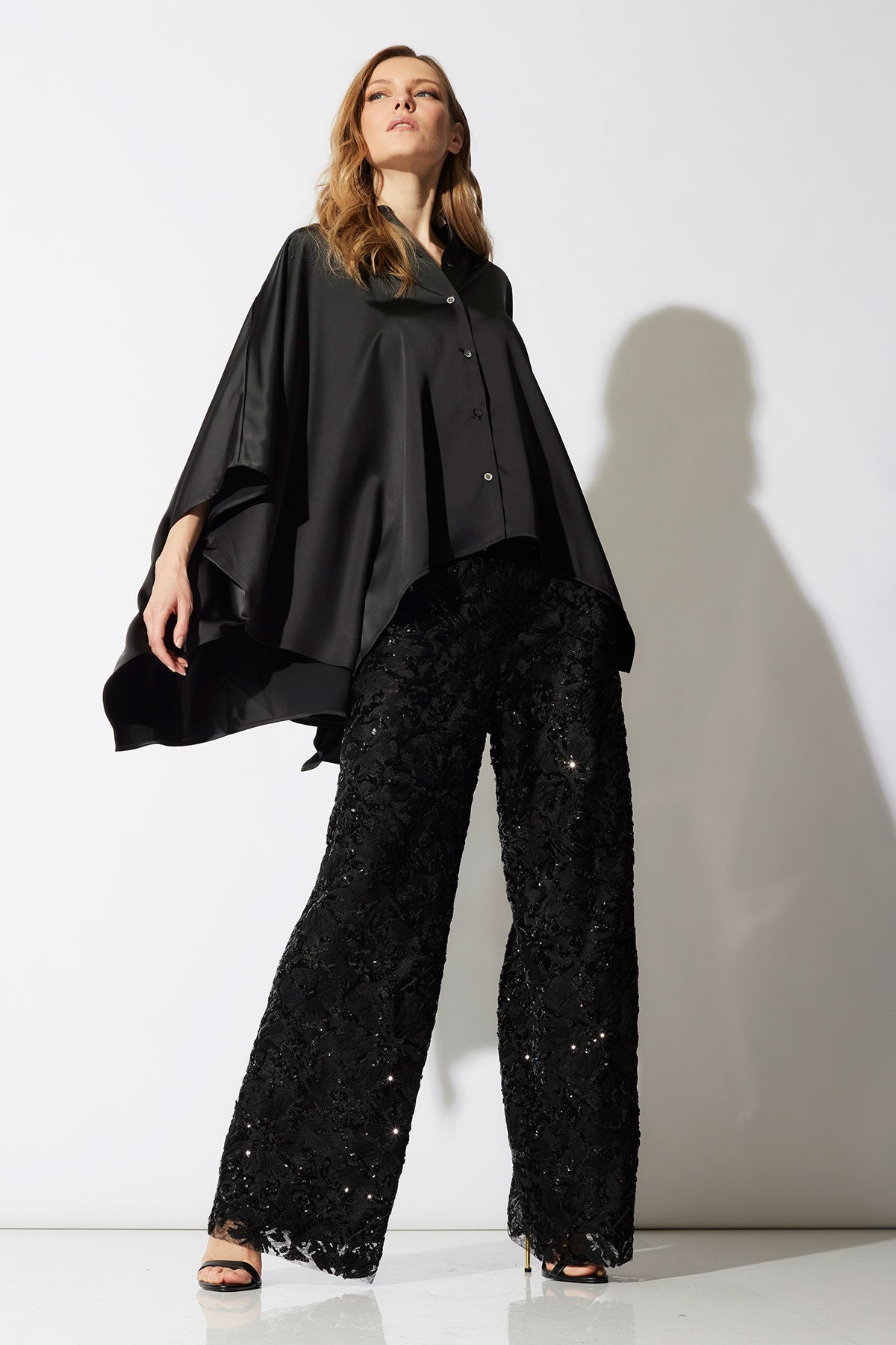 Luxe Charmeuse Button Down Caftan Shirt Black