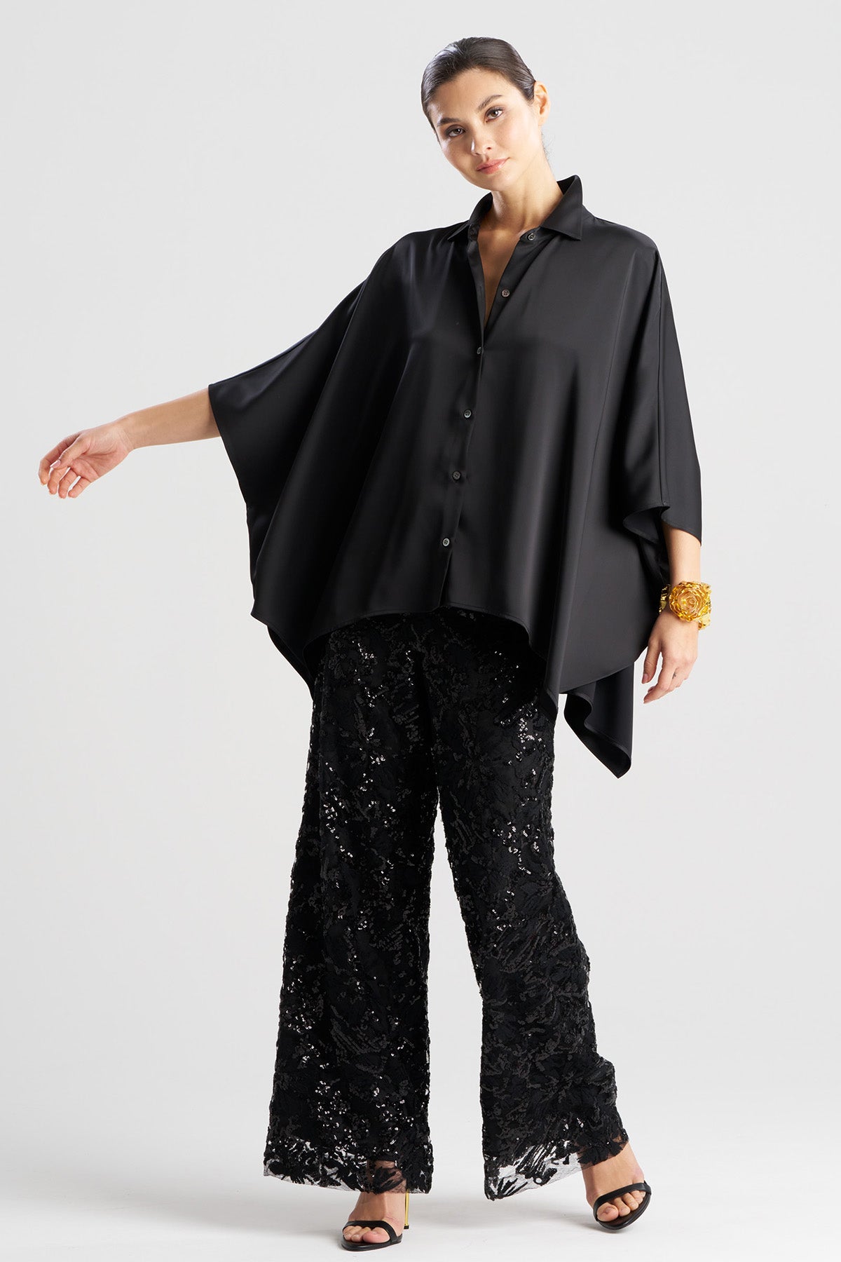 Luxe Charmeuse Button Down Caftan Shirt Black