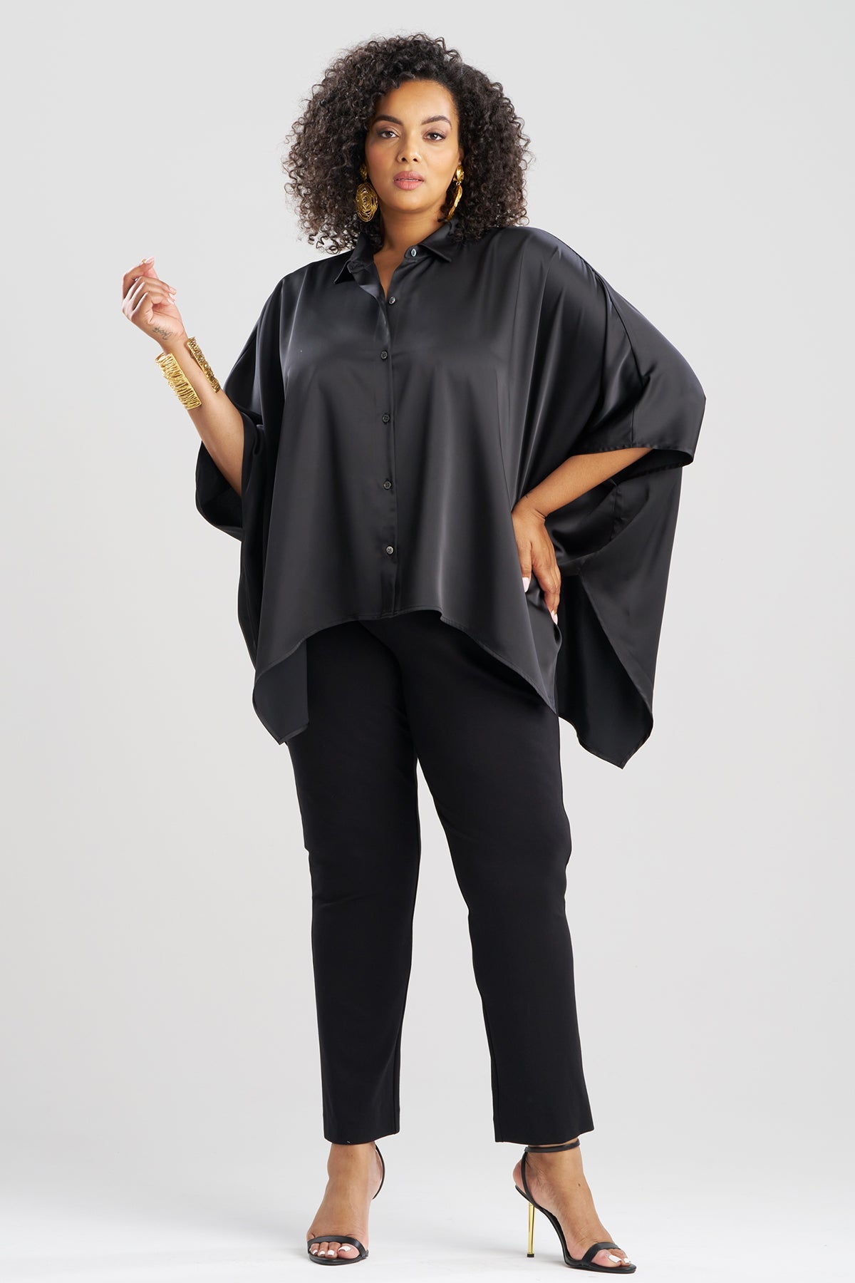 Luxe Charmeuse Button Down Caftan Shirt Black
