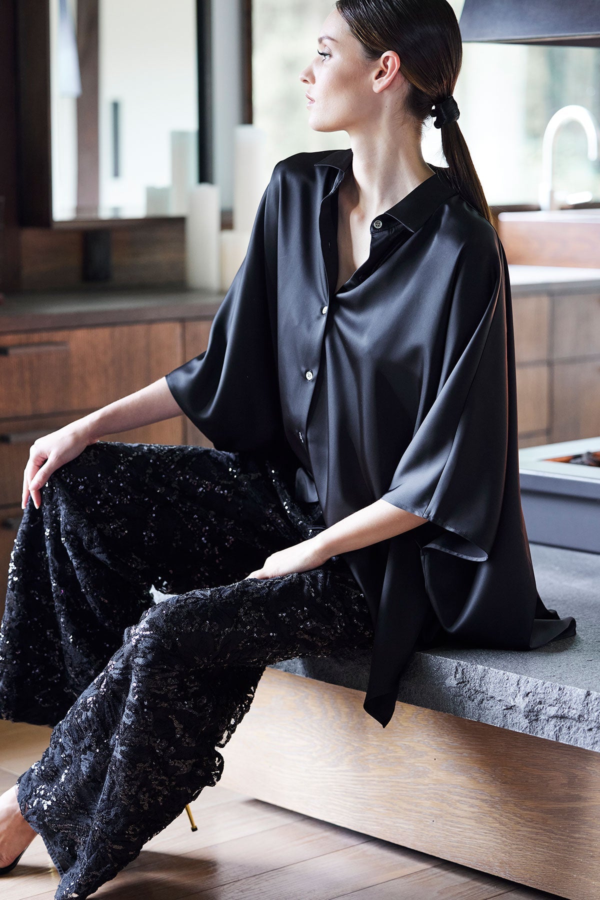 Luxe Charmeuse Button Down Caftan Shirt Black